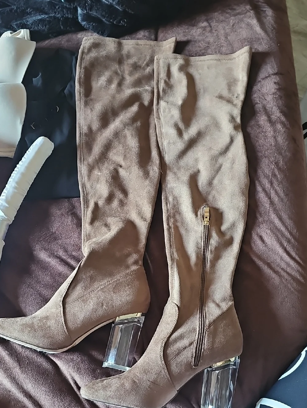 Brown Over-the-Knee Suede-Look Boots with Clear Block Heel